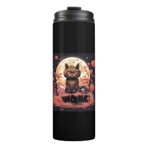 Great Wave and Sakura_ Halloween Black Cat Art  Thermal Tumbler