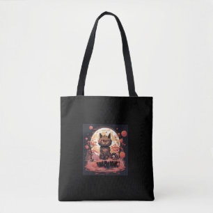 Great Wave and Sakura_ Halloween Black Cat Art Tote Bag