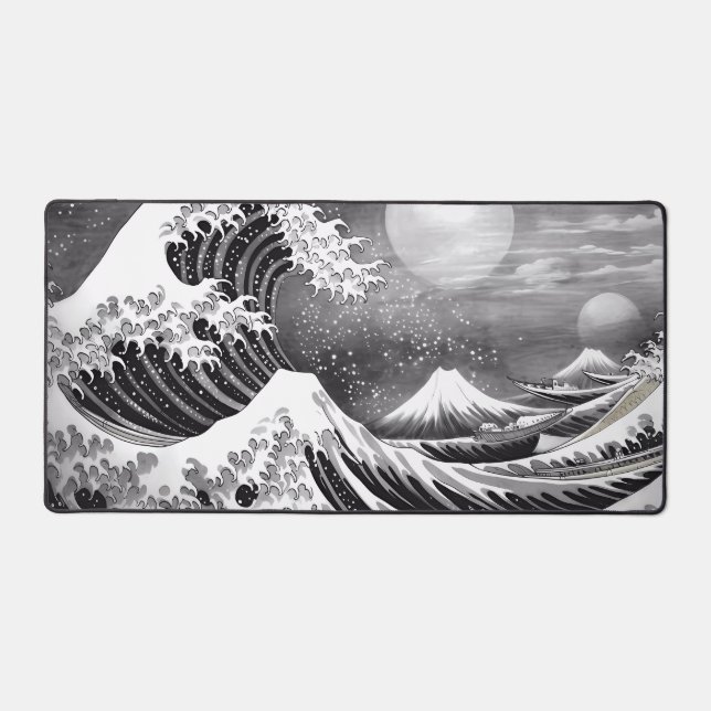 great wave black and white extended desk mouse pad (Front)