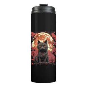 Great Wave Halloween_ Black Cat, Pumpkins, Sakura Thermal Tumbler