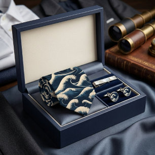 Great Wave Hokusai Navy Blue Japanese Art Pattern Tie