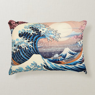 Great Wave inspired pink sakura aesthetic Decorative Cushion