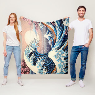 Great Wave inspired pink sakura aesthetic Fleece Blanket