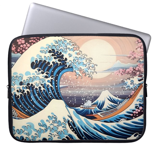 Great Wave inspired pink sakura aesthetic Laptop Sleeve (Front)