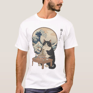 Great Wave Japanese Cat Eating Ramen Funny Art T-Shirt