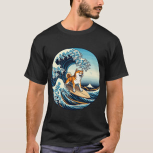 Great Wave Kanagawa Shiba Inu Surfing Dog Lover T-Shirt