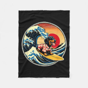 Great Wave Kanagawa Weiner Dachshund Dog Surfing Fleece Blanket