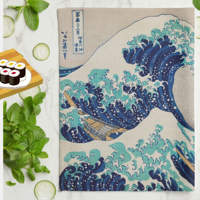"Great Wave" Vintage Japanese Art Hokusai Tea Towel (Fresh and elegant, this "Great Wave" by Hokusai kitchen towel will add style to your meals!)