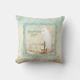 Great White Egret Coastal Beach Home Decor Pillow