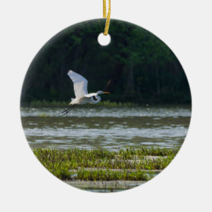 Great White Egret Flying Ceramic Ornament
