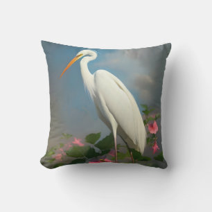 Great White Egret With Hibiscus Cushion