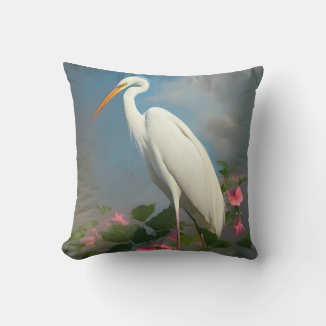 Great White Egret With Hibiscus Cushion (Front)