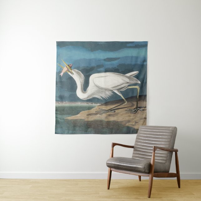 Great White Heron Audubon Bird Wildlife Painting Tapestry (In Situ)