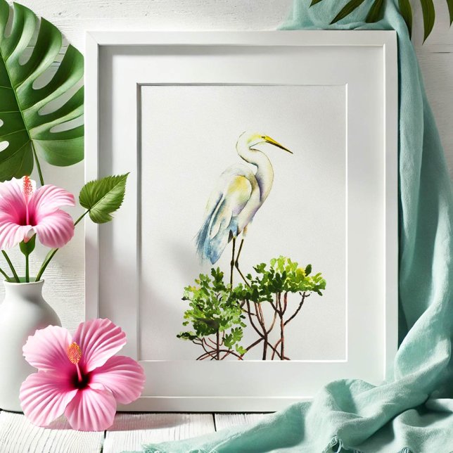 Great White Heron Tropical Beach Art Poster (Watercolor art great white heron and mangroves by Victoria Grigaliunas. Order prints. )