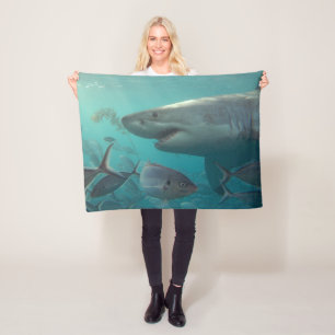 Great White Shark and Fish Underwater Landscape Fleece Blanket