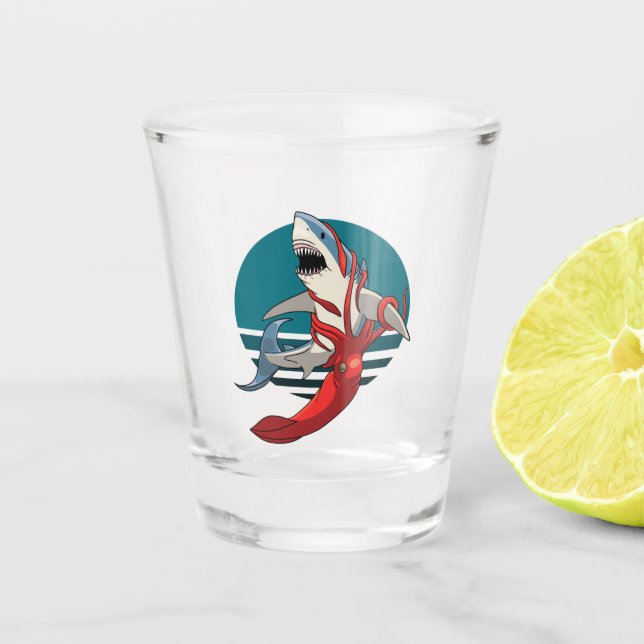 Great White Shark and Giant Squid Shot Glass (Front)