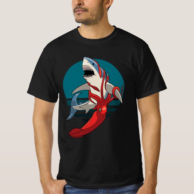 Great White Shark and Giant Squid T-Shirt (Front)