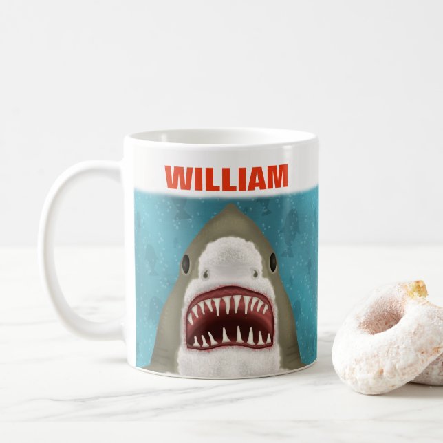Great White Shark Attack Personalised Ocean Funny Coffee Mug (With Donut)