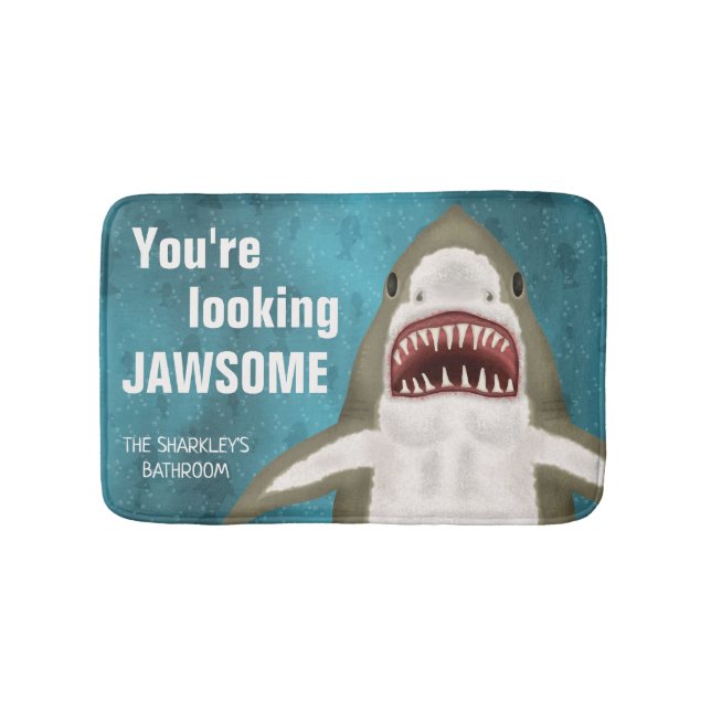 Great White Shark Funny Jawsome Pun Personalised Bath Mat (Front)