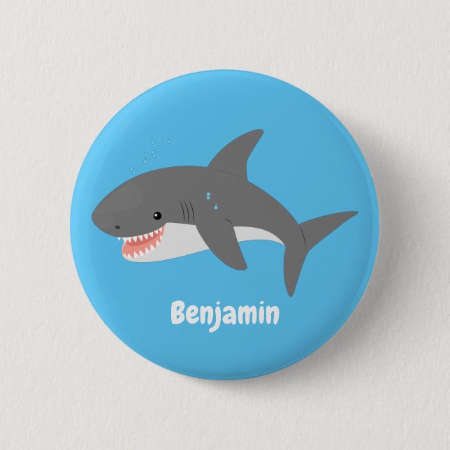 Great white shark happy cartoon illustration 6 cm round badge (Front)