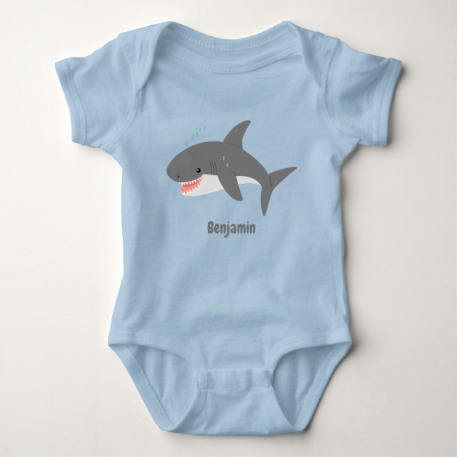 Great white shark happy cartoon illustration baby bodysuit (Front)