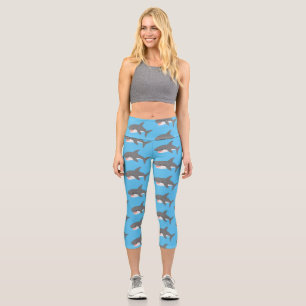 Great white shark happy cartoon illustration capri leggings