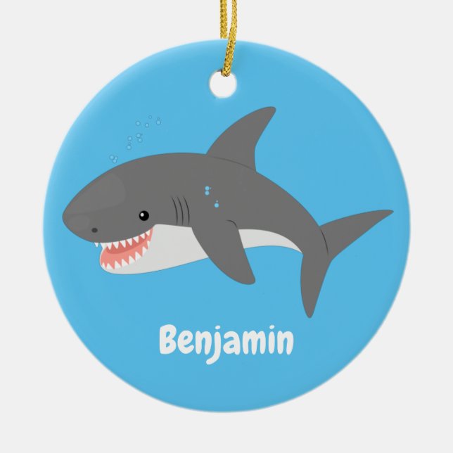 Great white shark happy cartoon illustration ceramic ornament (Front)