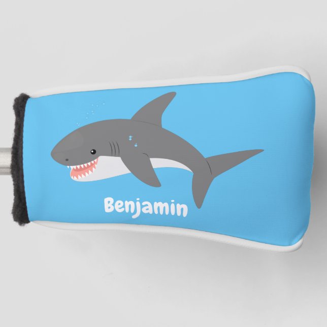 Great white shark happy cartoon illustration golf head cover (Front)
