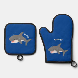 Great white shark happy cartoon illustration oven mitt & pot holder set