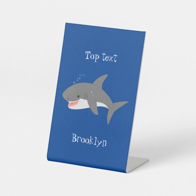 Great white shark happy cartoon illustration pedestal sign (Front)