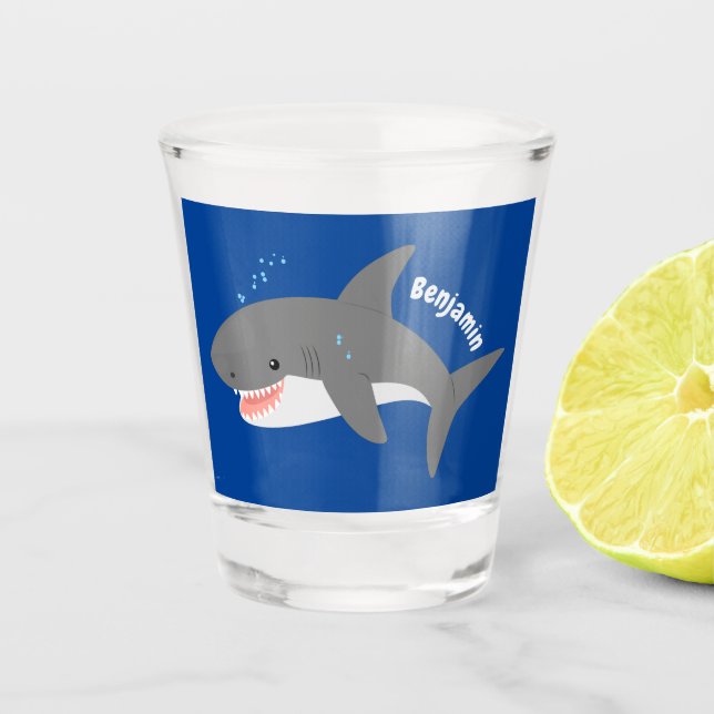 Great white shark happy cartoon illustration  shot glass (Front)