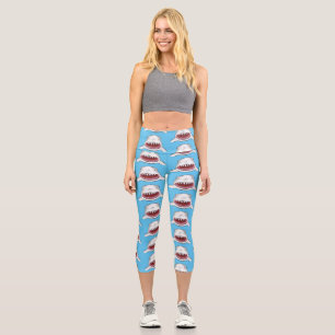 Great white shark mean cartoon illustration capri leggings