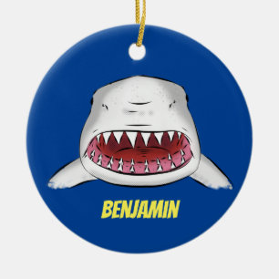 Great white shark mean cartoon illustration ceramic ornament