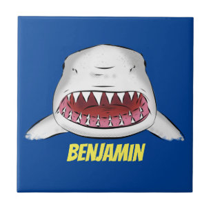 Great white shark mean cartoon illustration ceramic tile