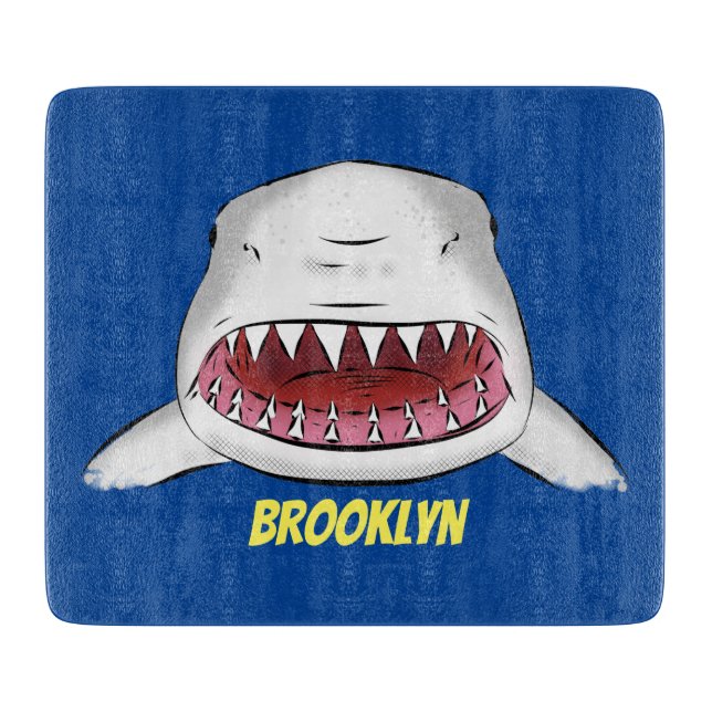 Great white shark mean cartoon illustration cutting board (Front)