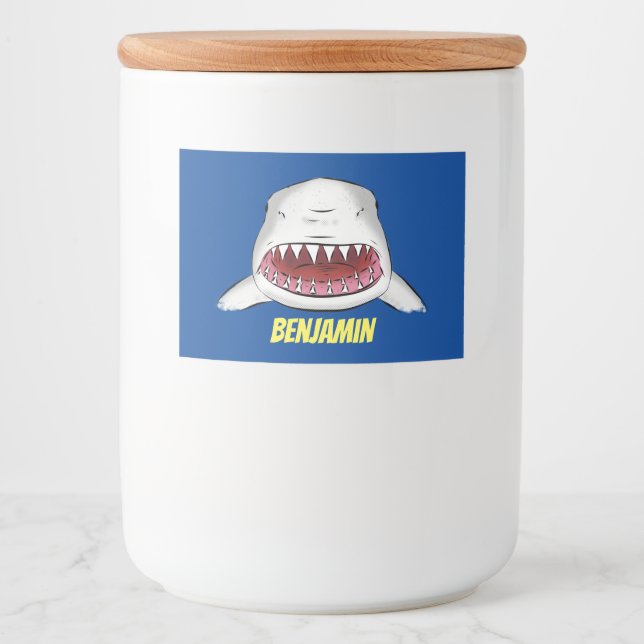 Great white shark mean cartoon illustration food label (Front)