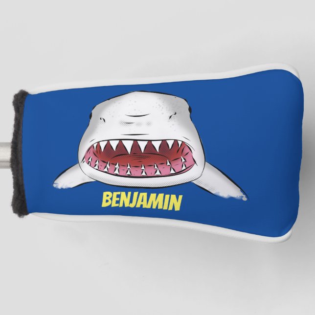 Great white shark mean cartoon illustration golf head cover (Front)