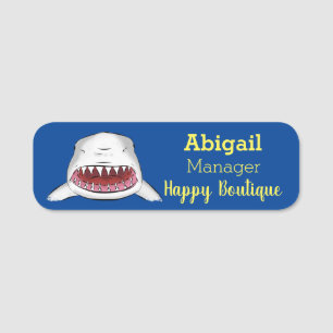 Great white shark mean cartoon illustration name tag