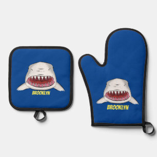 Great white shark mean cartoon illustration oven mitt & pot holder set