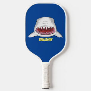 Great white shark mean cartoon illustration pickleball paddle