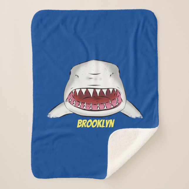 Great white shark mean cartoon illustration  sherpa blanket (Front)
