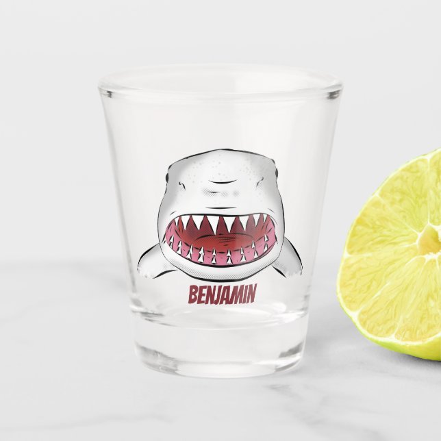 Great white shark mean cartoon illustration  shot glass (Front)
