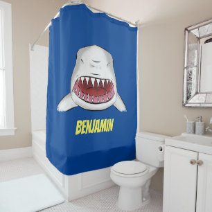 Great white shark mean cartoon illustration shower curtain