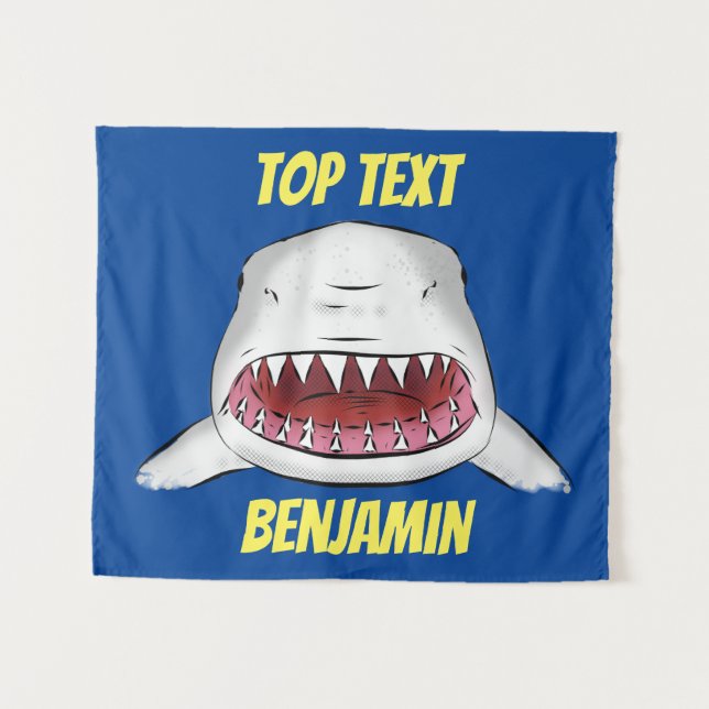 Great white shark mean cartoon illustration tapestry (Front (Horizontal))