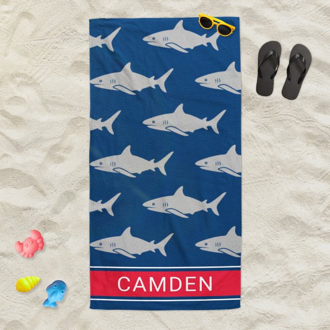 Great White Shark Navy Red Monogram Name Beach Towel (Creator Uploaded)