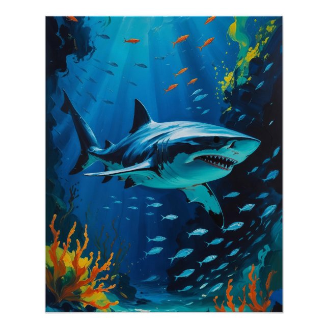 Great White Shark Ocean Painting Vibrant  Photo Pr Poster (Front)