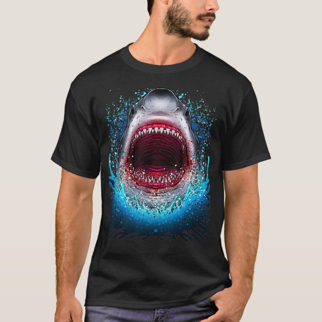 Great White Shark Open Mouth Teeth Beach Ocean Ani T-Shirt (Front)