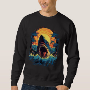 Great White Shark Palm Trees Sunset Shark Graphic Sweatshirt