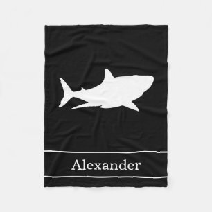 Great White Shark Silhouette with Name on Black Fleece Blanket