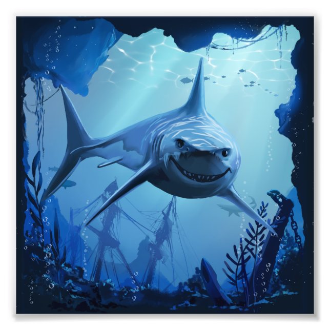 Great white shark swims in underwater reefs photo print (Front)